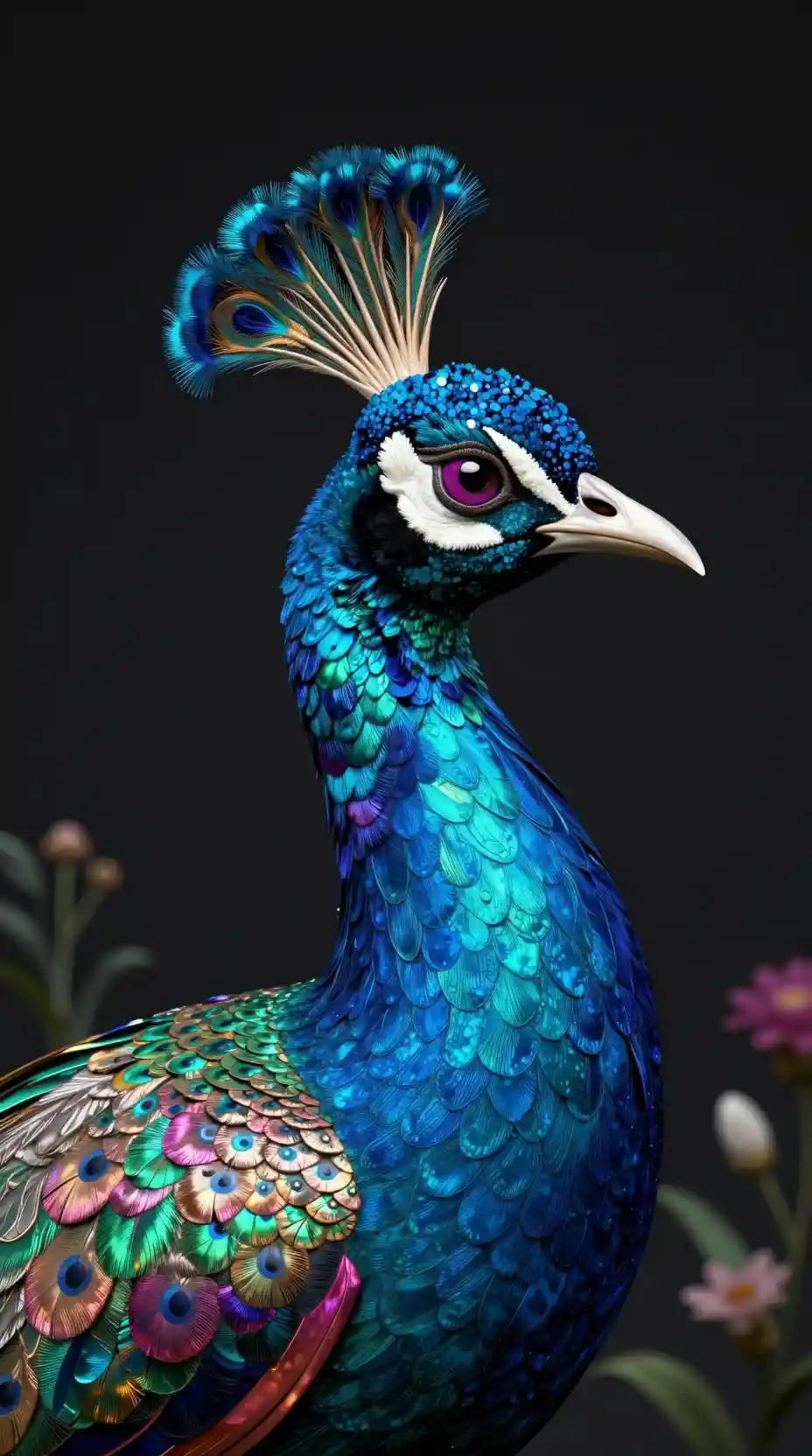 Majestuoso perfil de pavo real en ilustración 3D de tonos joya