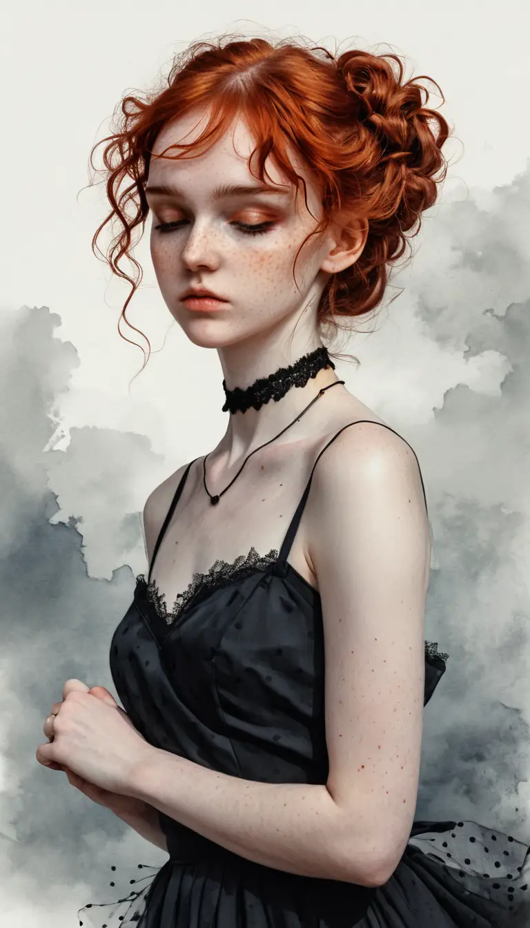 Red haired freckled girl in yellow dress with misty backdrop