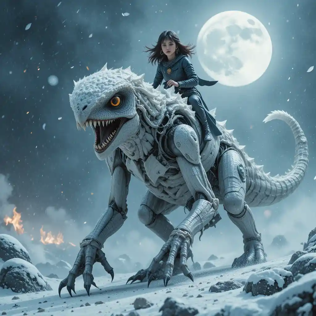 Ibrido tra gufo e dinosauro che si lancia in una bufera di neve al chiaro di luna