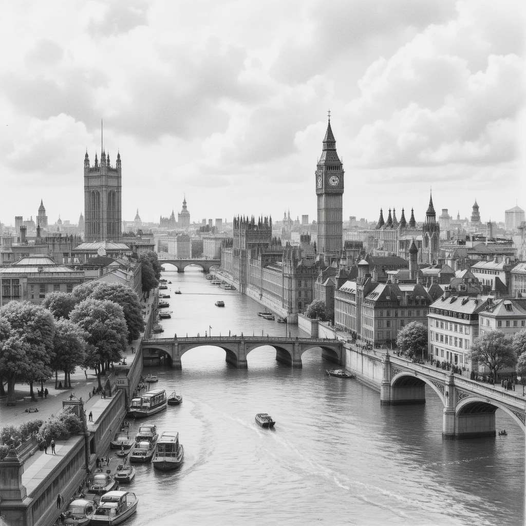 Victorian London cityscape from the Thames in graphite drawing