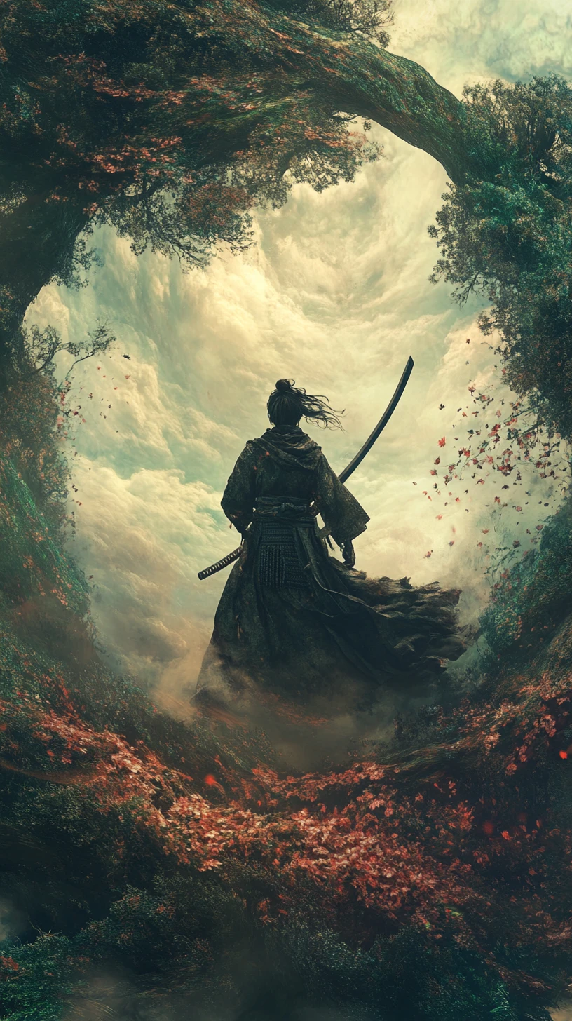 Surrealer Samurai in einer düsteren Fantasy-Illusionsszene