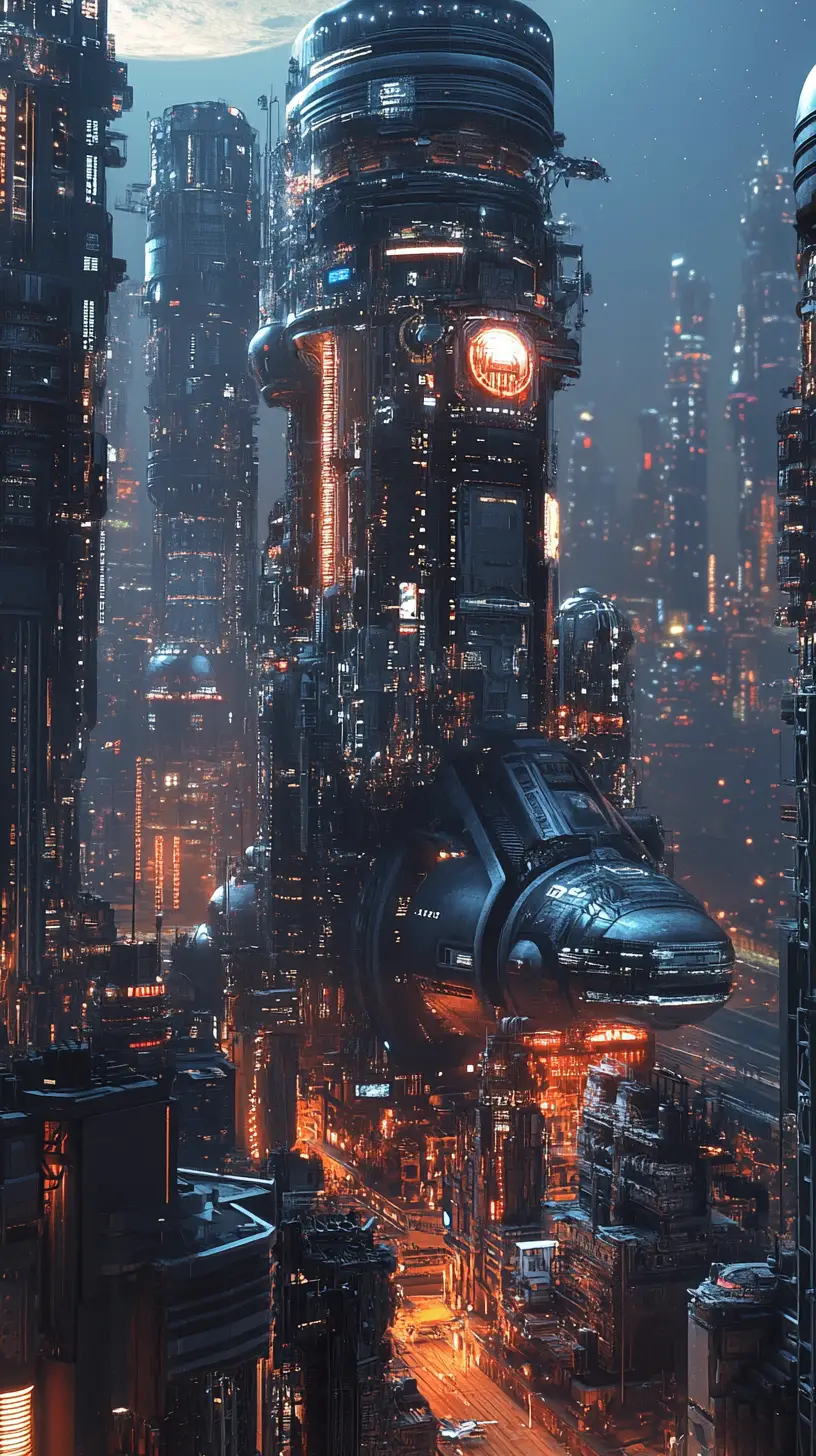 Futuristic industrial cityscape with towering mechanical structures