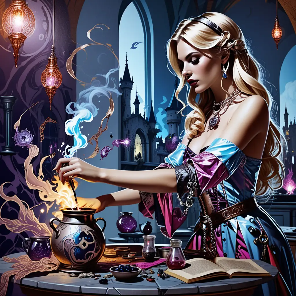 Strega moderna bionda che mescola pozioni in un colorato negozio di magia