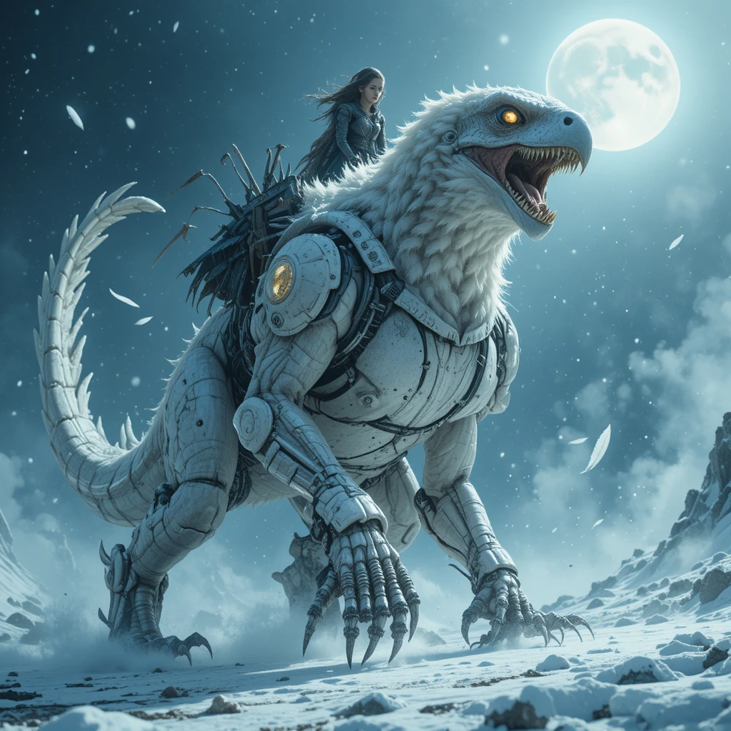 Dinosauro ibrido aquila che si lancia in una tormenta di neve al chiaro di luna