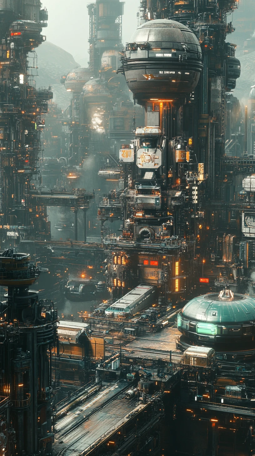 Futuristic industrial cityscape with towering mechanical structures
