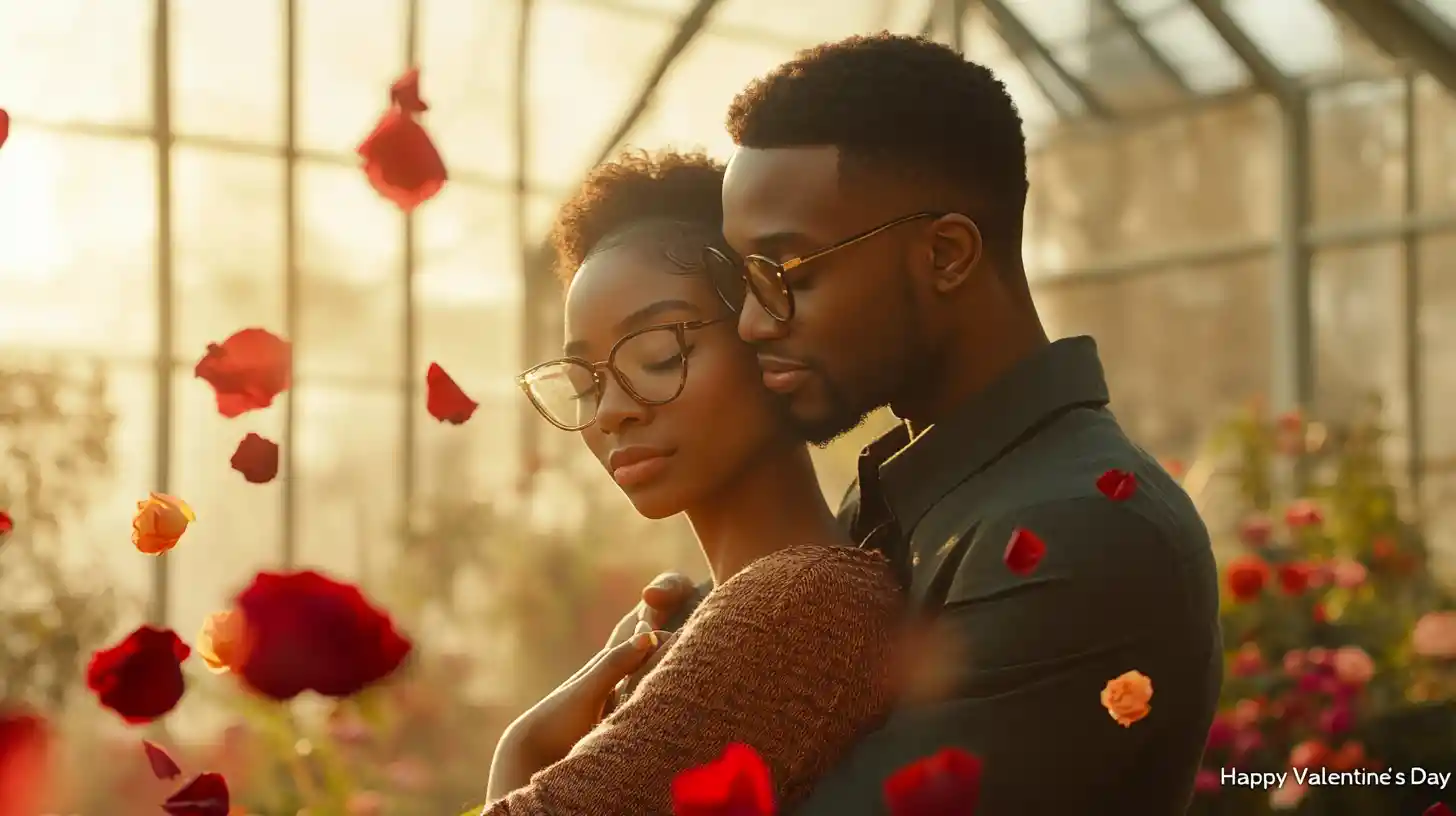 Casal romântico se abraçando em um conservatório repleto de flores