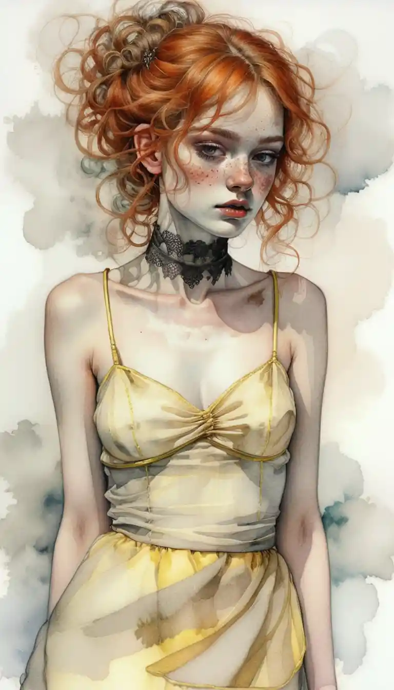 Freckled red haired girl in yellow dress with misty backdrop