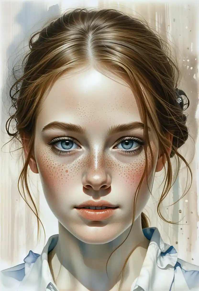 Top down portrait of a freckled auburn haired girl
