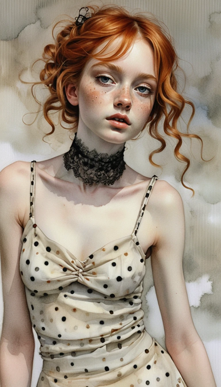 Chica pelirroja con pecas y vestido amarillo frente a nubes suaves