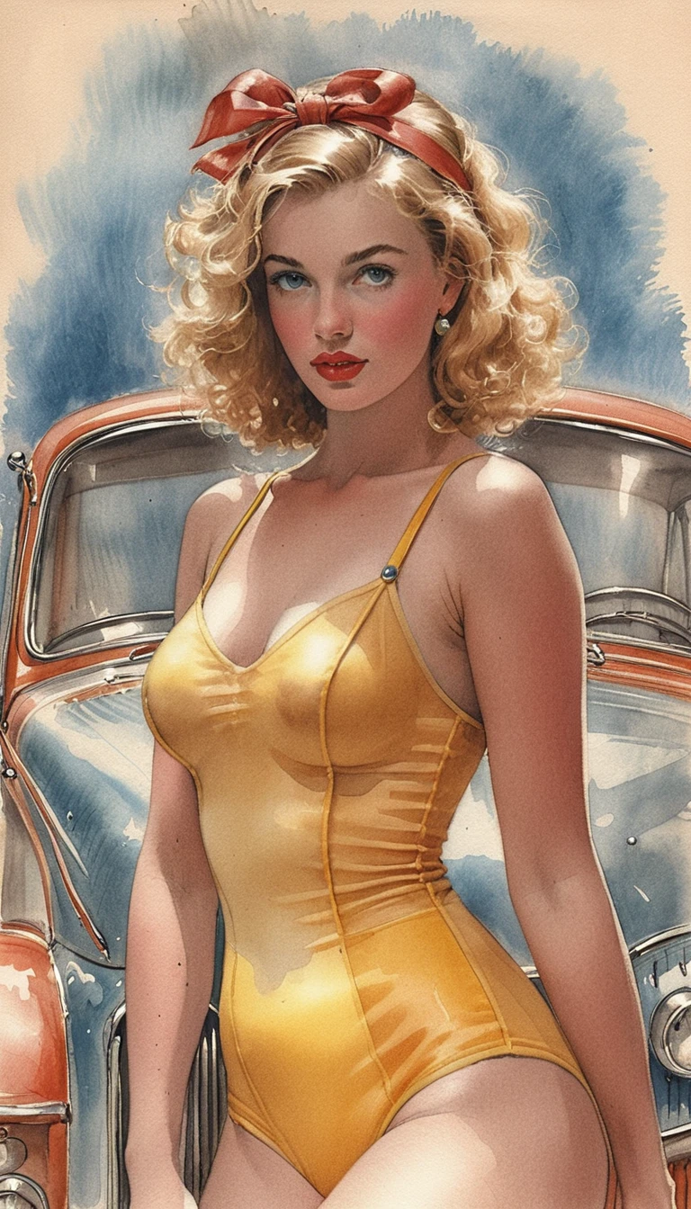Blonde woman in red overalls on vintage car painting