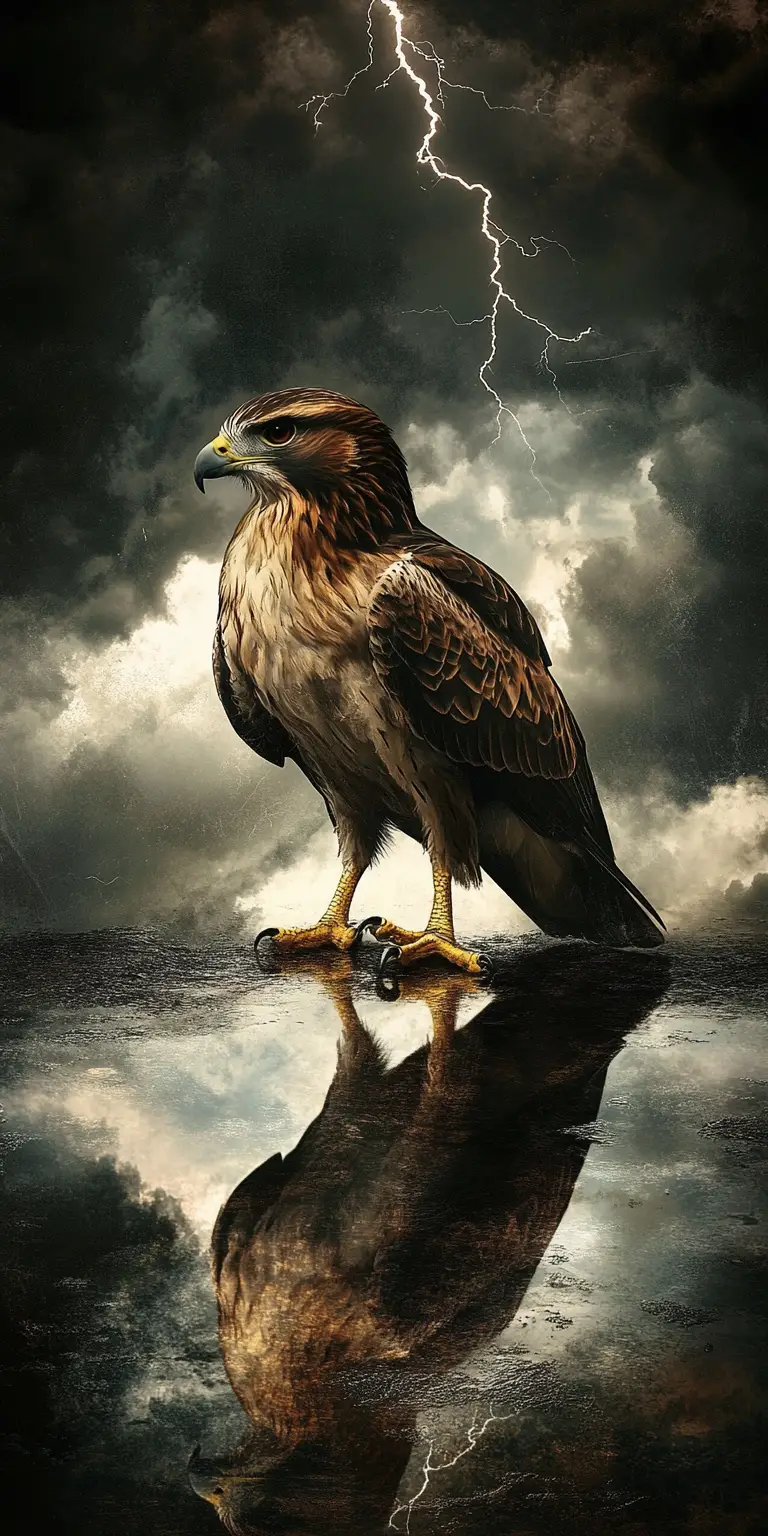 Hawk Standing In Puddle Reflecting A Violent Thunderstorm