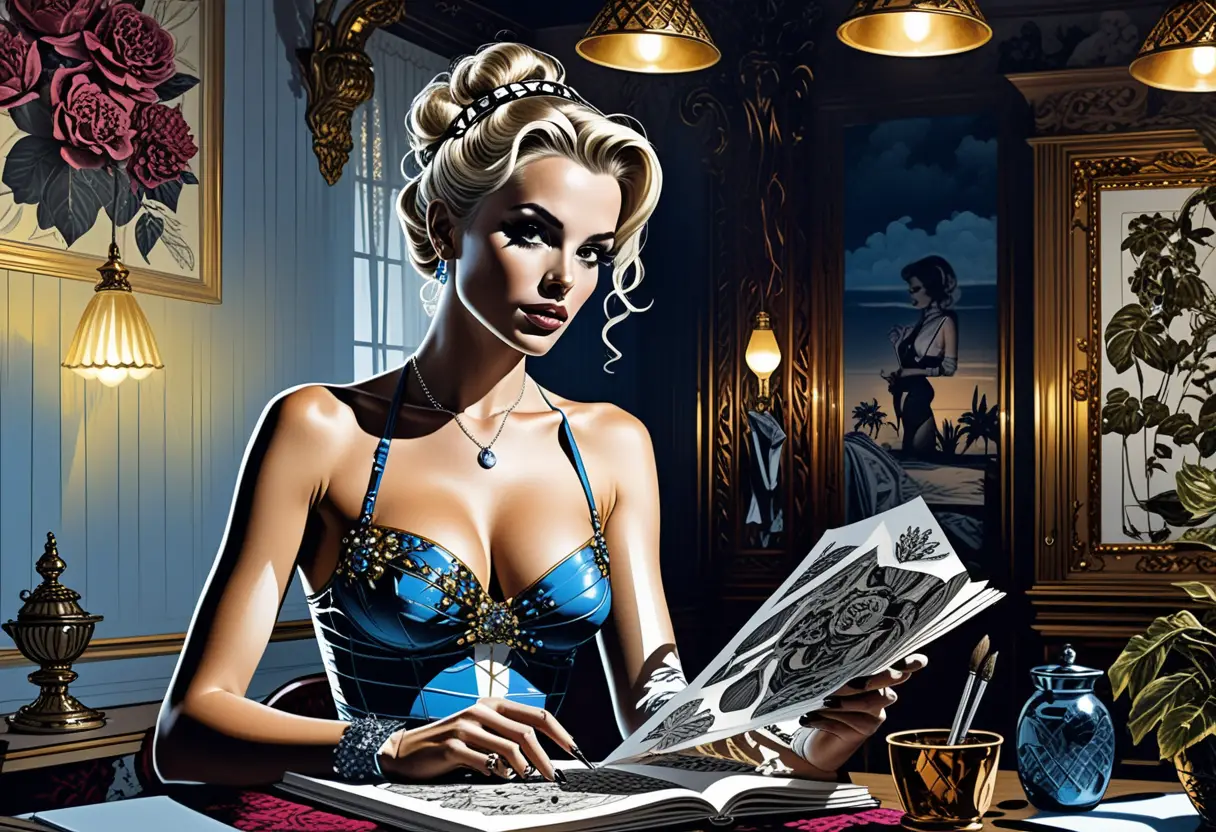 Glamorous blonde woman in a stylish tattoo studio