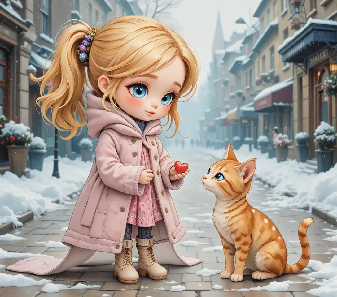 パステルの冬コートを着た少女が猫とハートを分かち合う