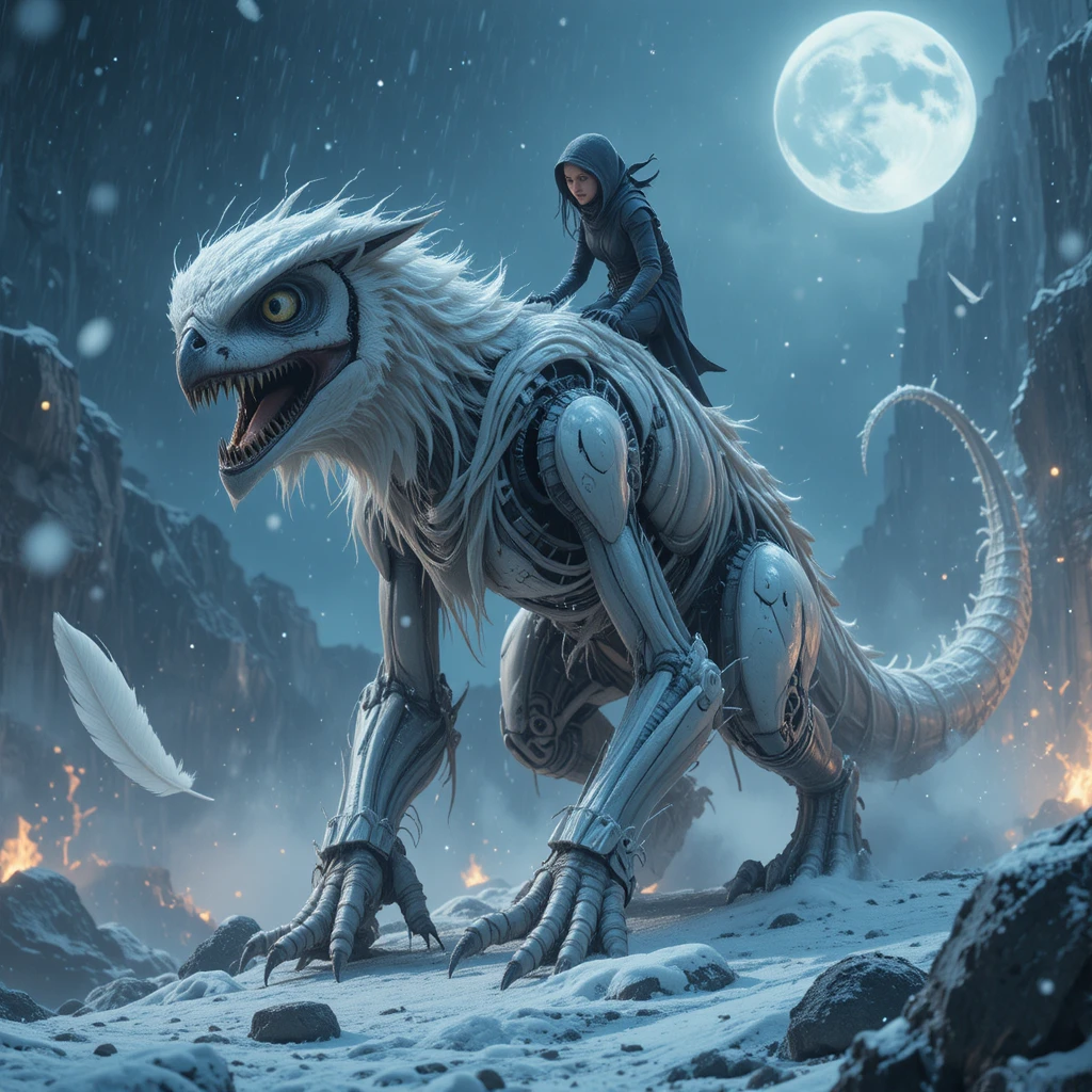 Ibrido tra gufo e dinosauro che si lancia in una bufera di neve al chiaro di luna