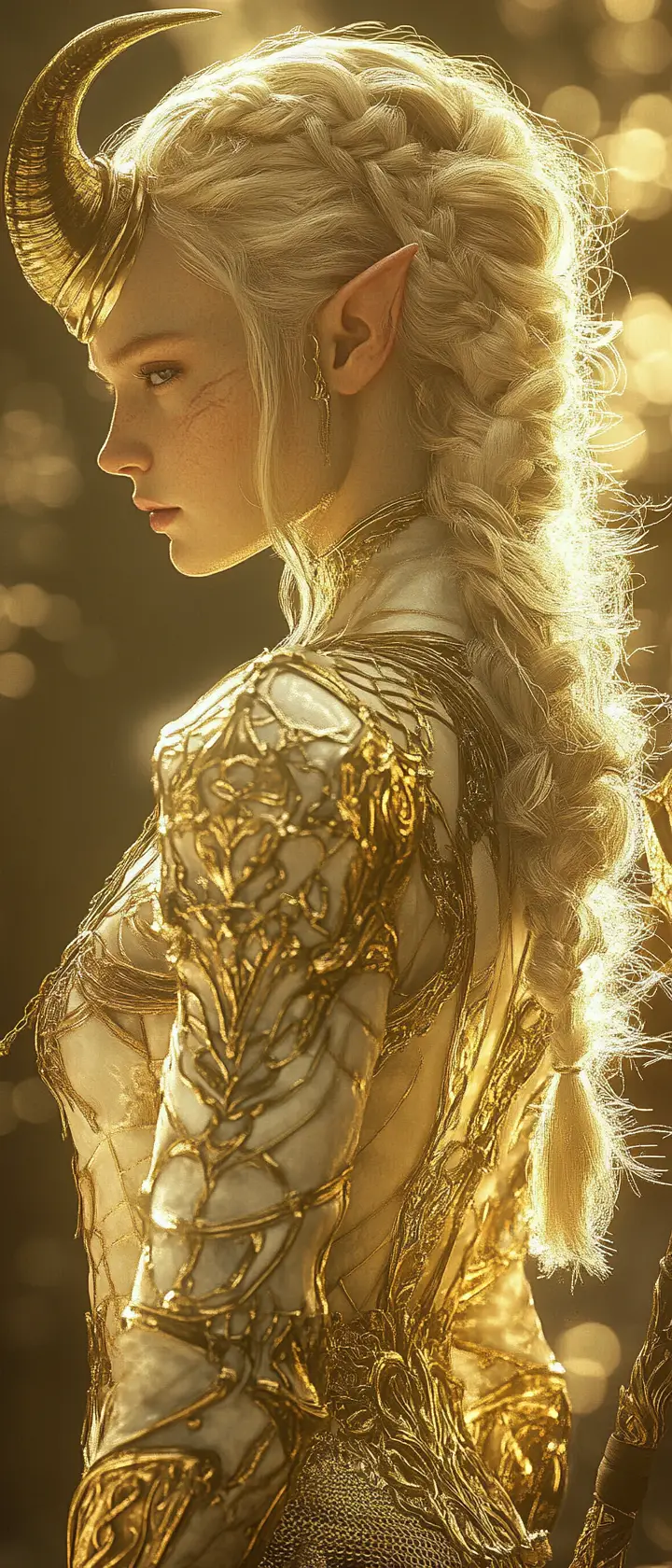Platinum haired horned warrior in ornate white armor