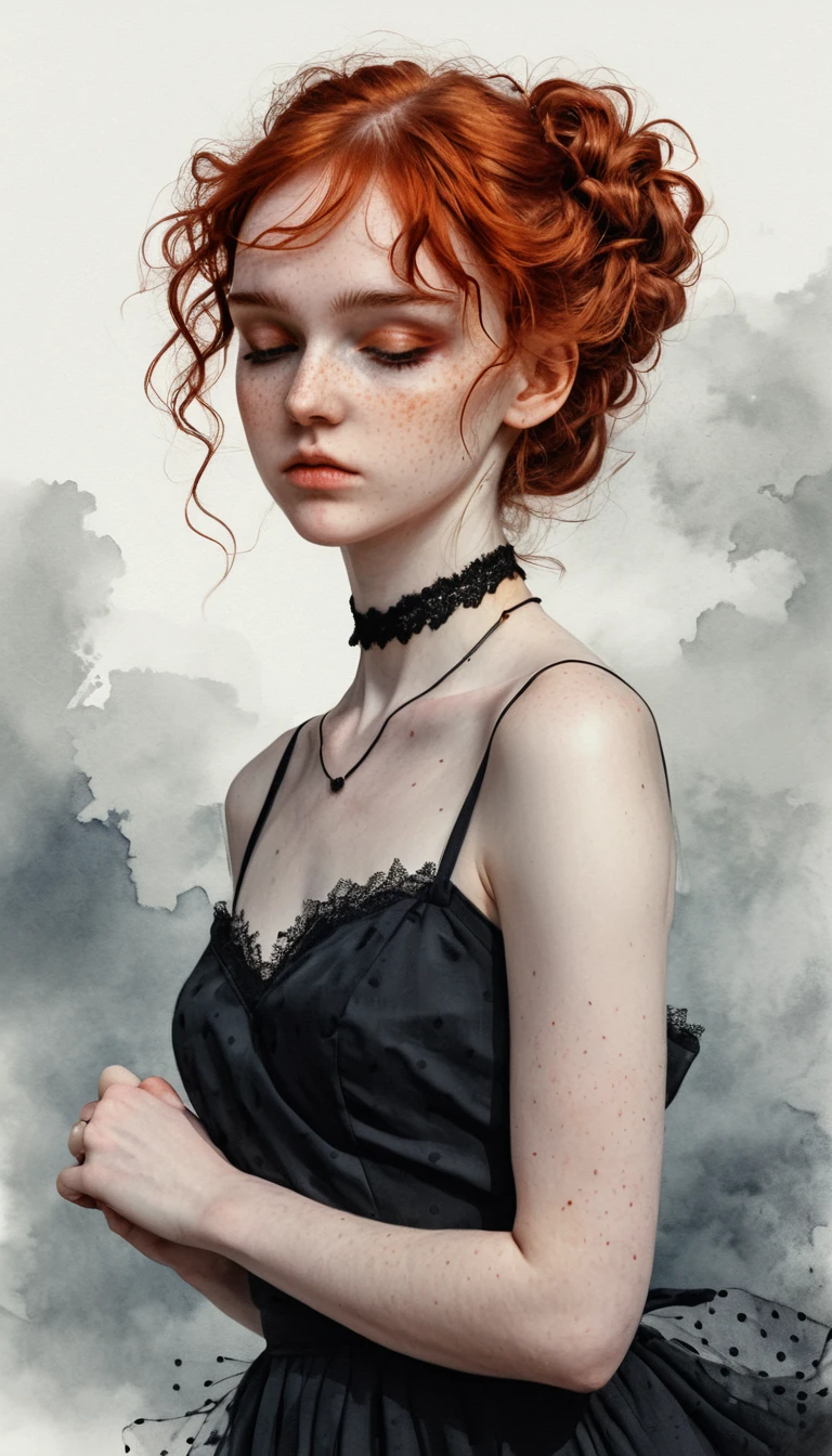 Red haired freckled girl in yellow dress with misty backdrop