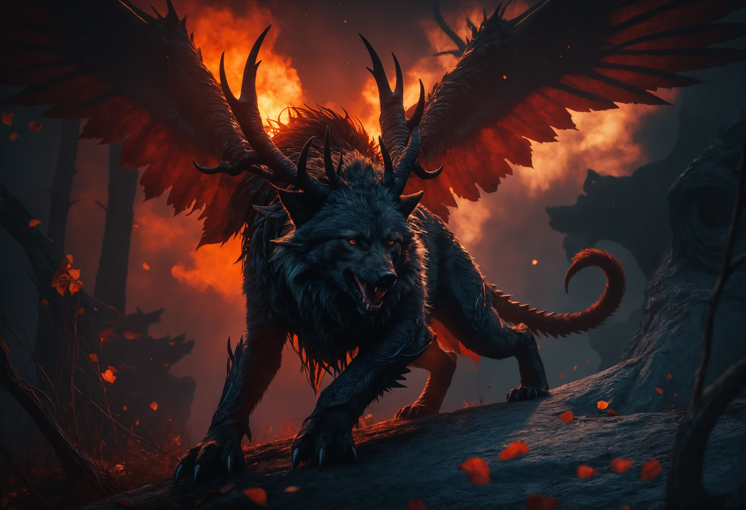 Quimera de lobo dragón alado alzándose en la oscuridad a la luz de la luna