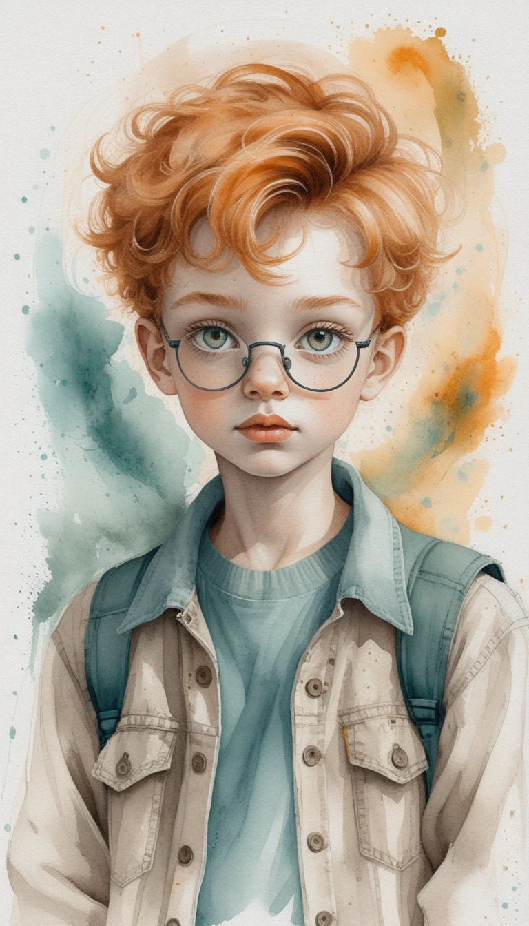 Freckled red haired boy with round glasses in watercolor portrait