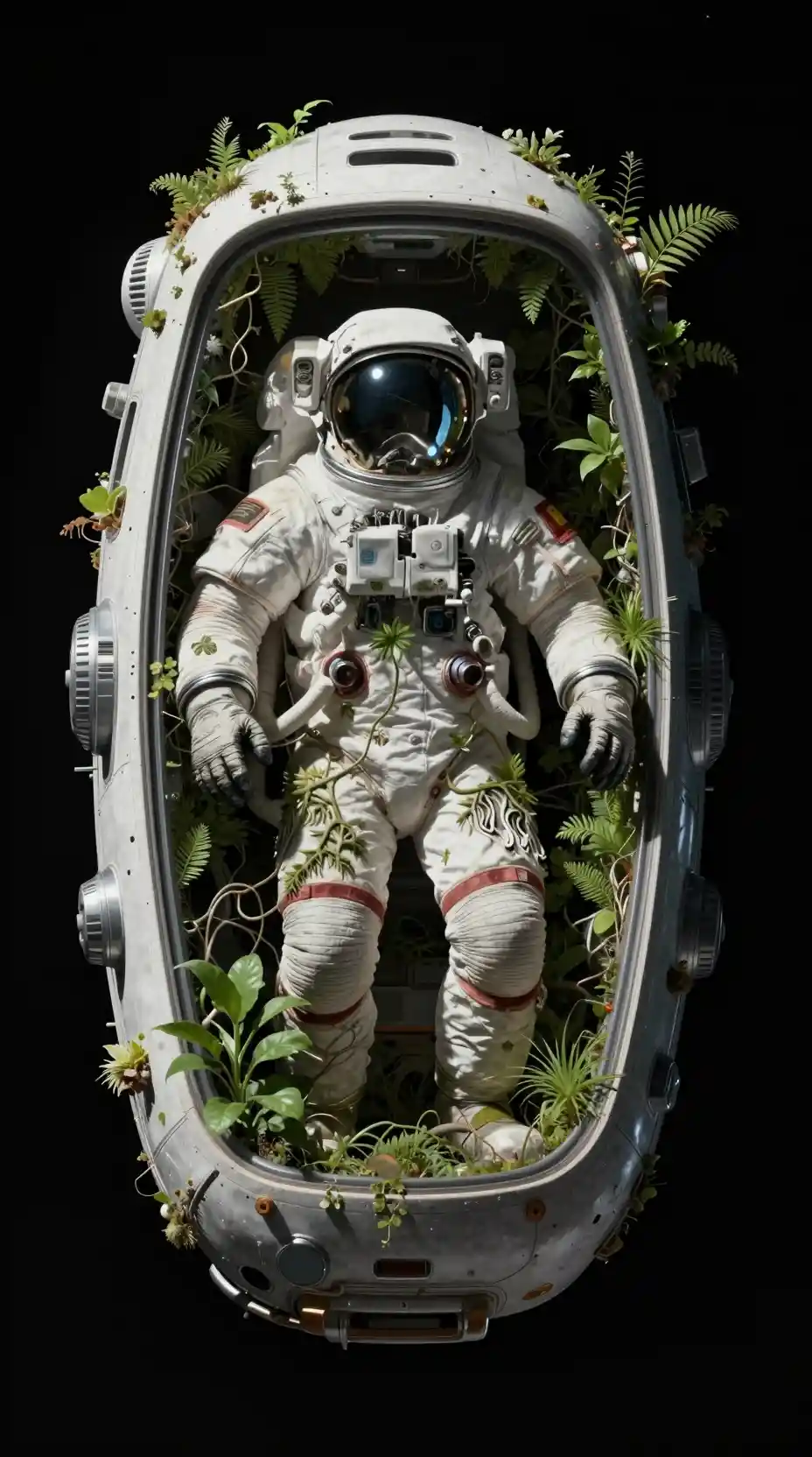 Derelict spaceship reclaimed by nature in deep space