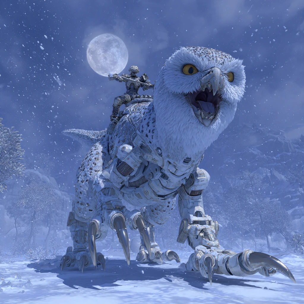 Ibrido tra gufo e dinosauro che si lancia in una bufera di neve al chiaro di luna