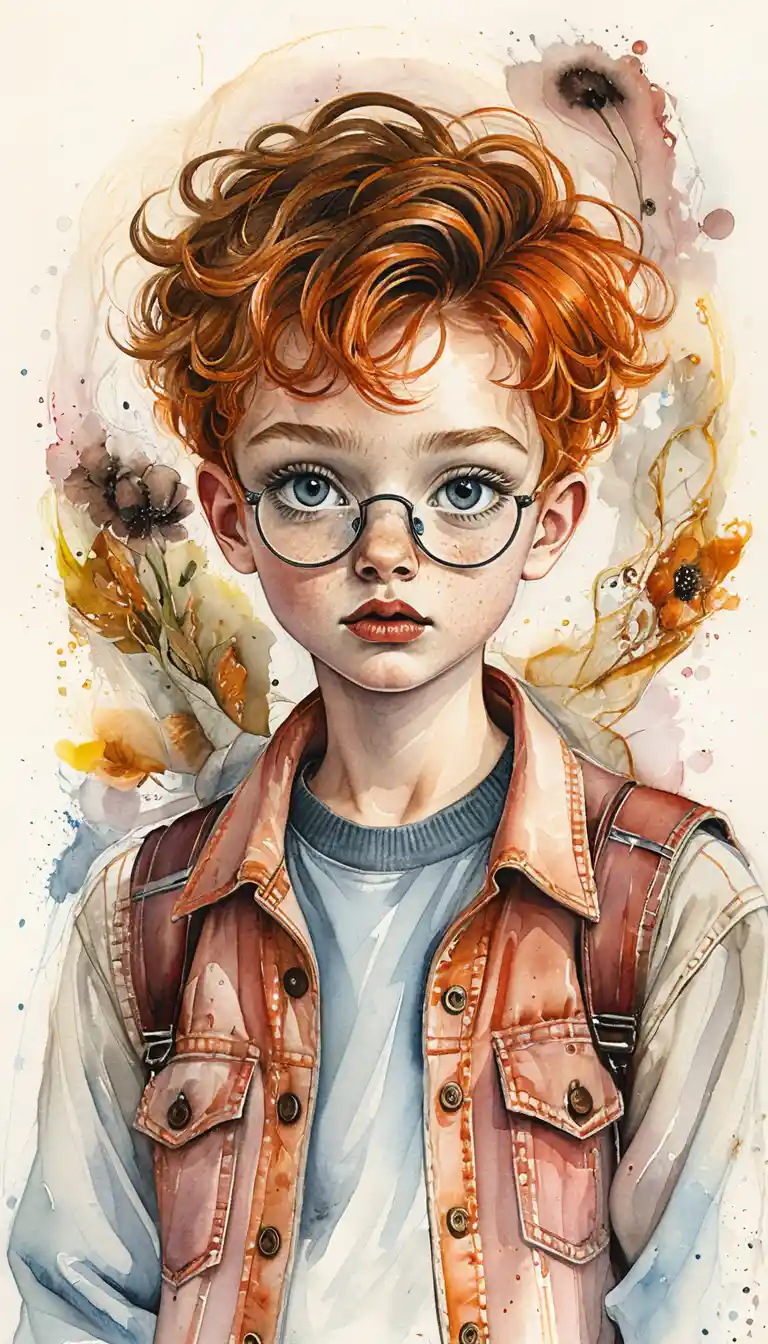 Freckled red haired boy with glasses in watercolor portrait