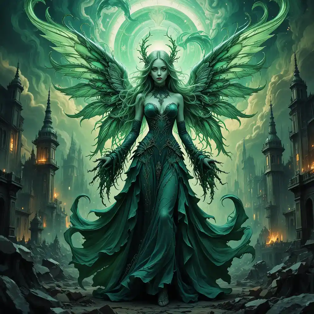 Gothic green winged fairy girl in ruined cityscape