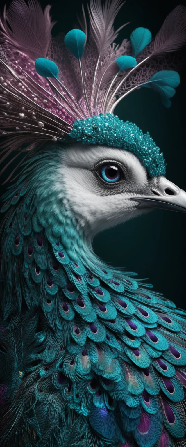 Majestuoso pavo real en primer plano con dramáticos tonos joya 3D