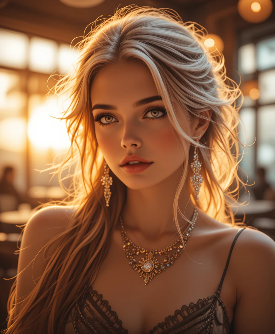 Primo piano cinematografico di una donna nella calda luce di un caffè