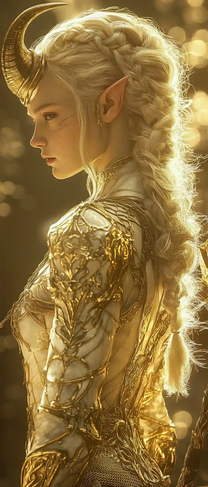 Platinum haired horned warrior in ornate white armor
