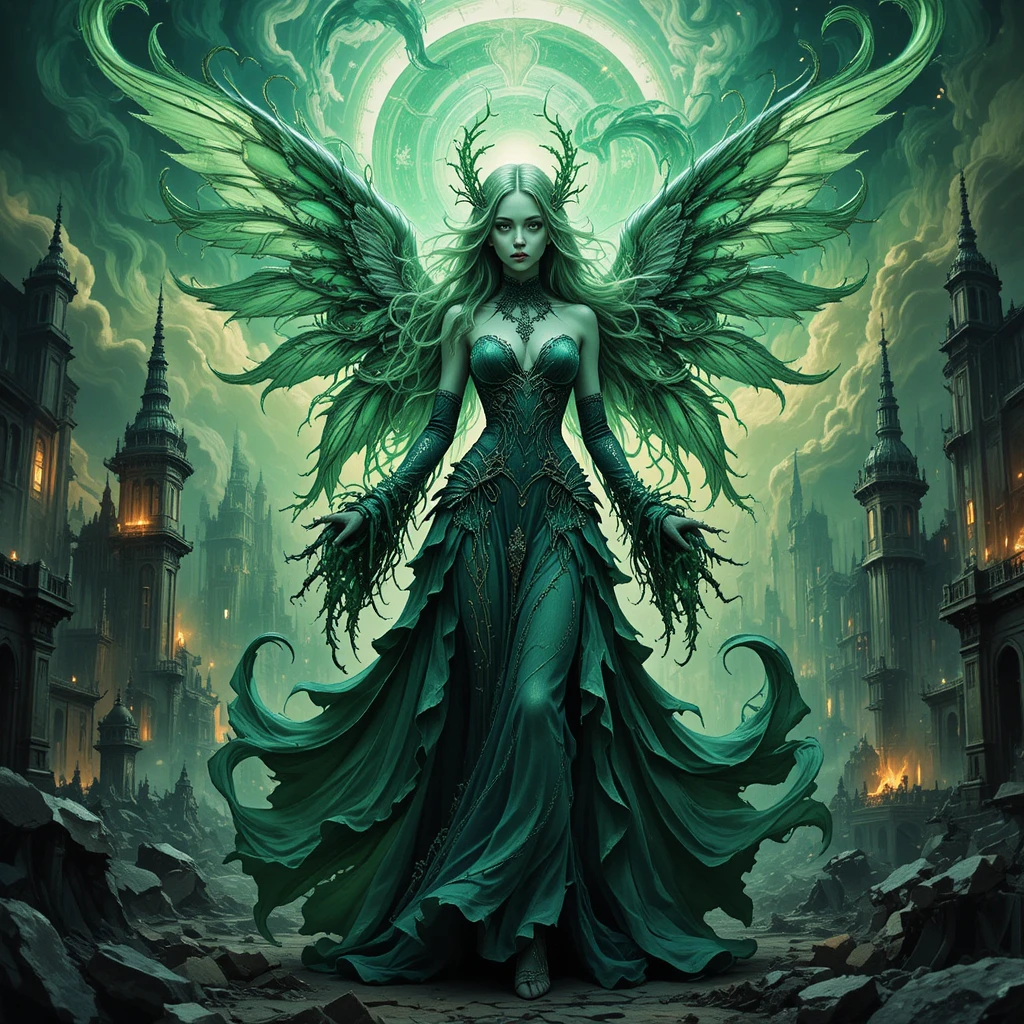 Gothic green winged fairy girl in ruined cityscape