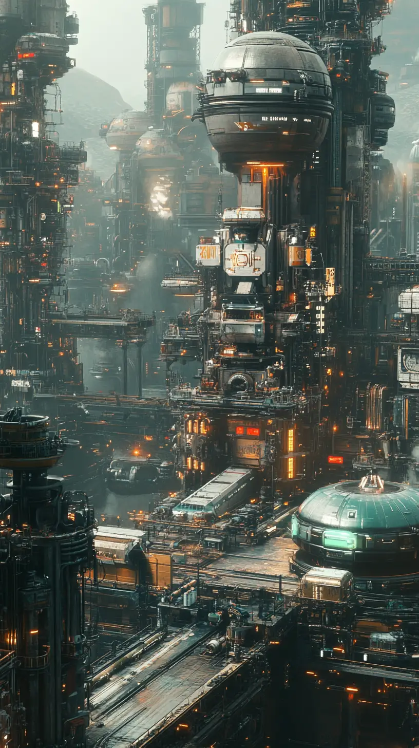 Futuristic industrial cityscape with towering mechanical structures