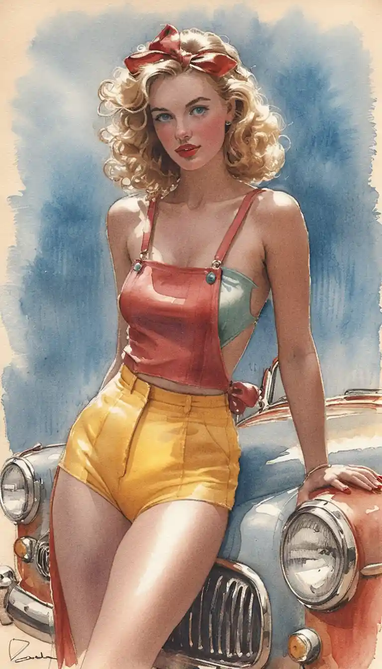 Blonde pin up woman on red vintage car portrait