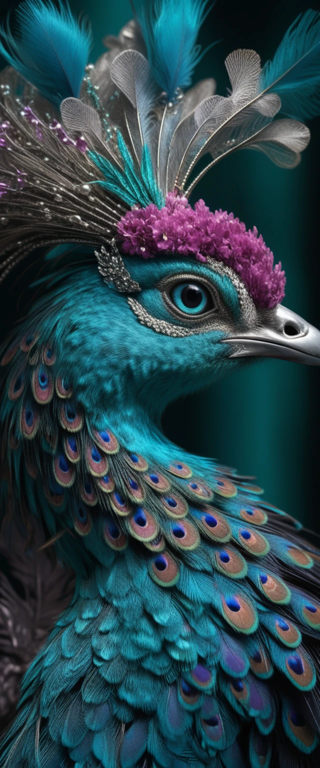 Majestuoso perfil de pavo real en retrato fantástico 3D con joyas