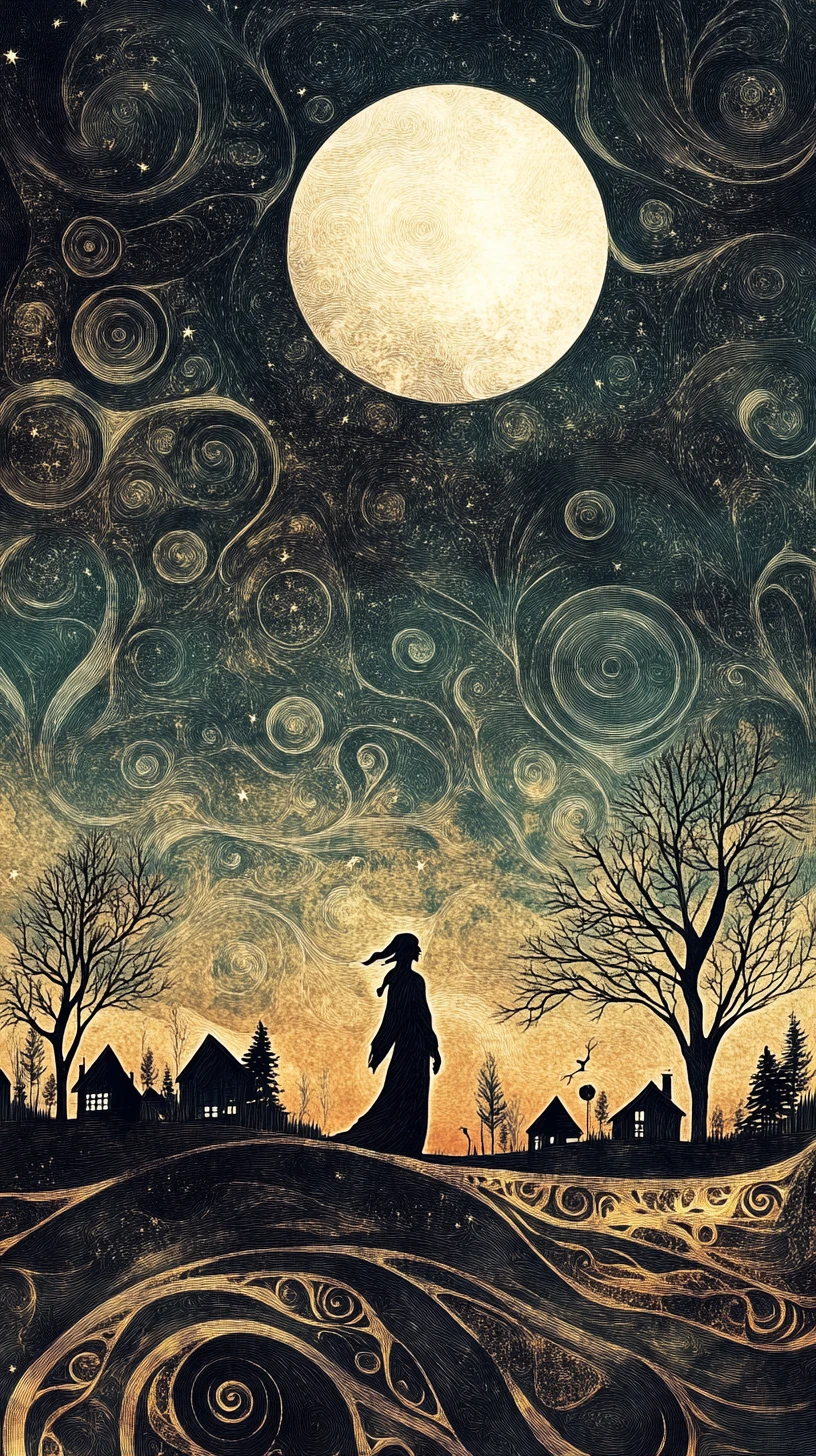 Sciamano che Cammina in un Paesaggio a Spirale di Giorno e Notte