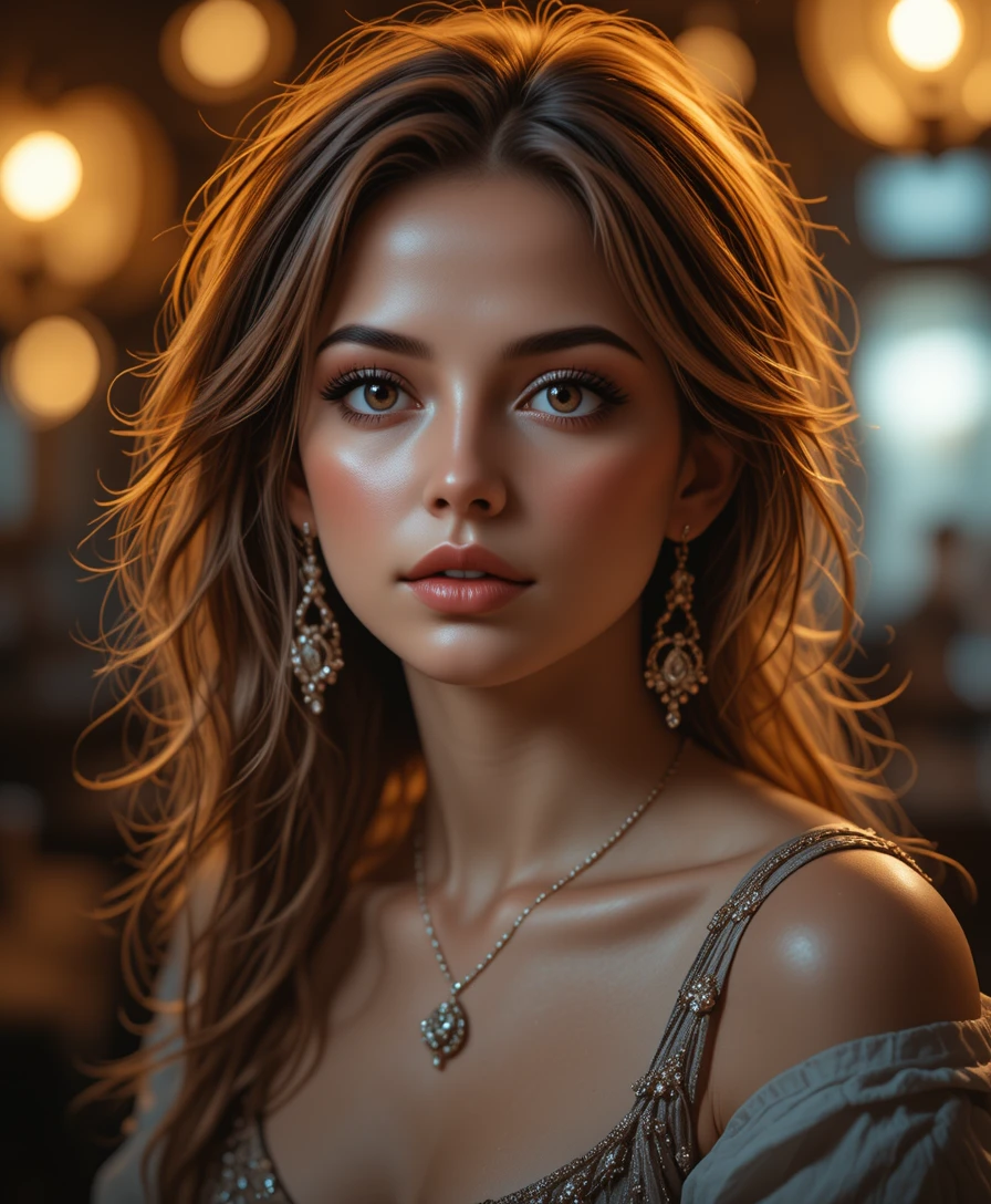 Cinematic close up of a woman in warm cafe light