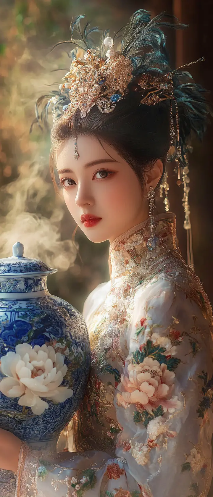 Mujer elegante con hanfu bordado sosteniendo un jarrón de porcelana