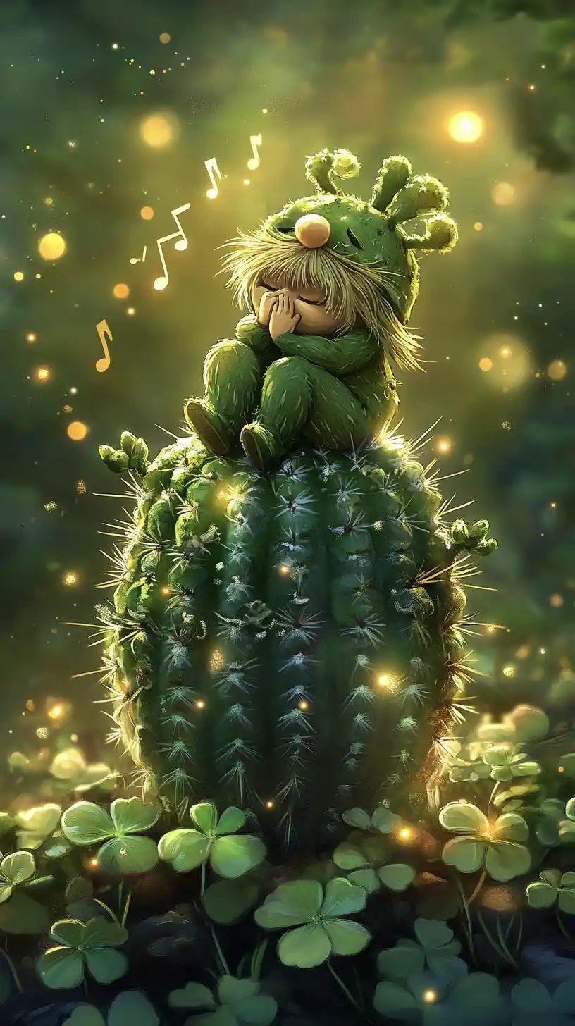Cute forest gnome sitting on a magical cactus