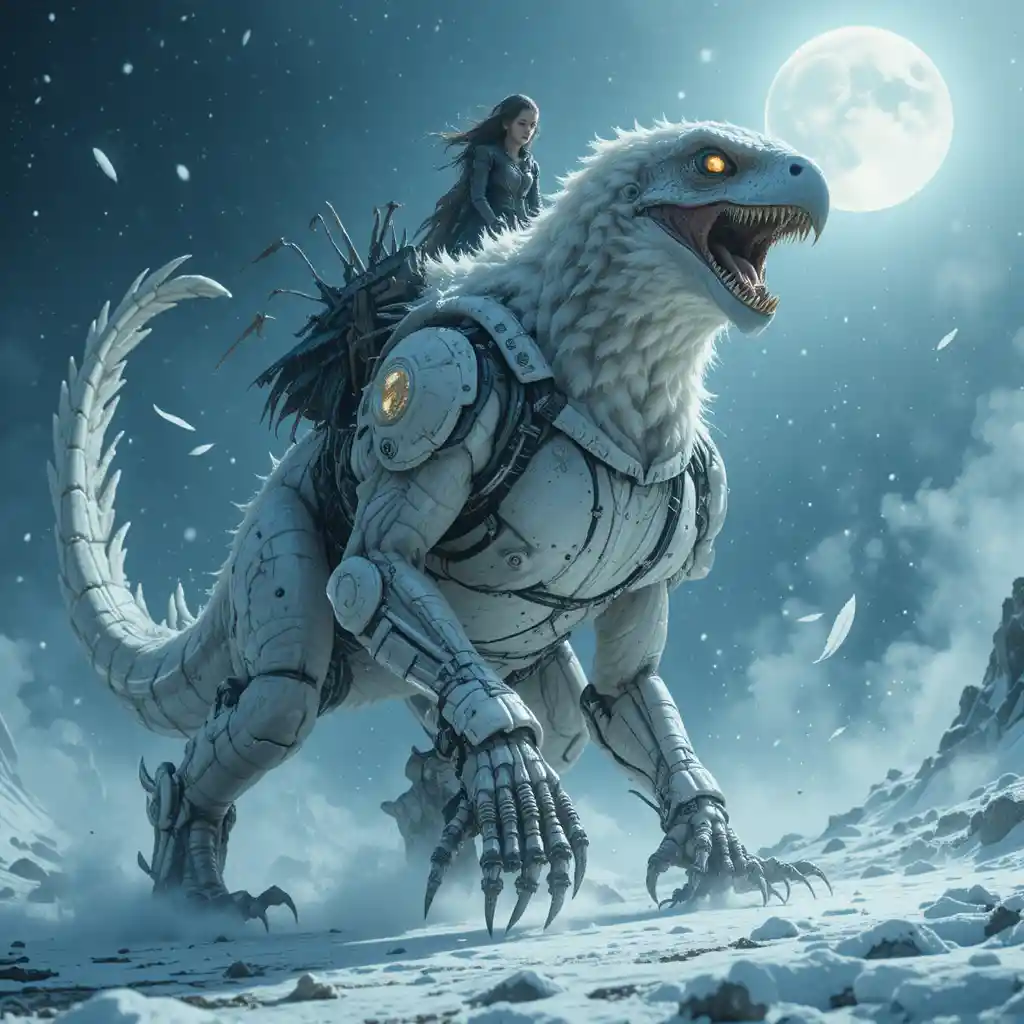 Dinosauro ibrido aquila che si lancia in una tormenta di neve al chiaro di luna