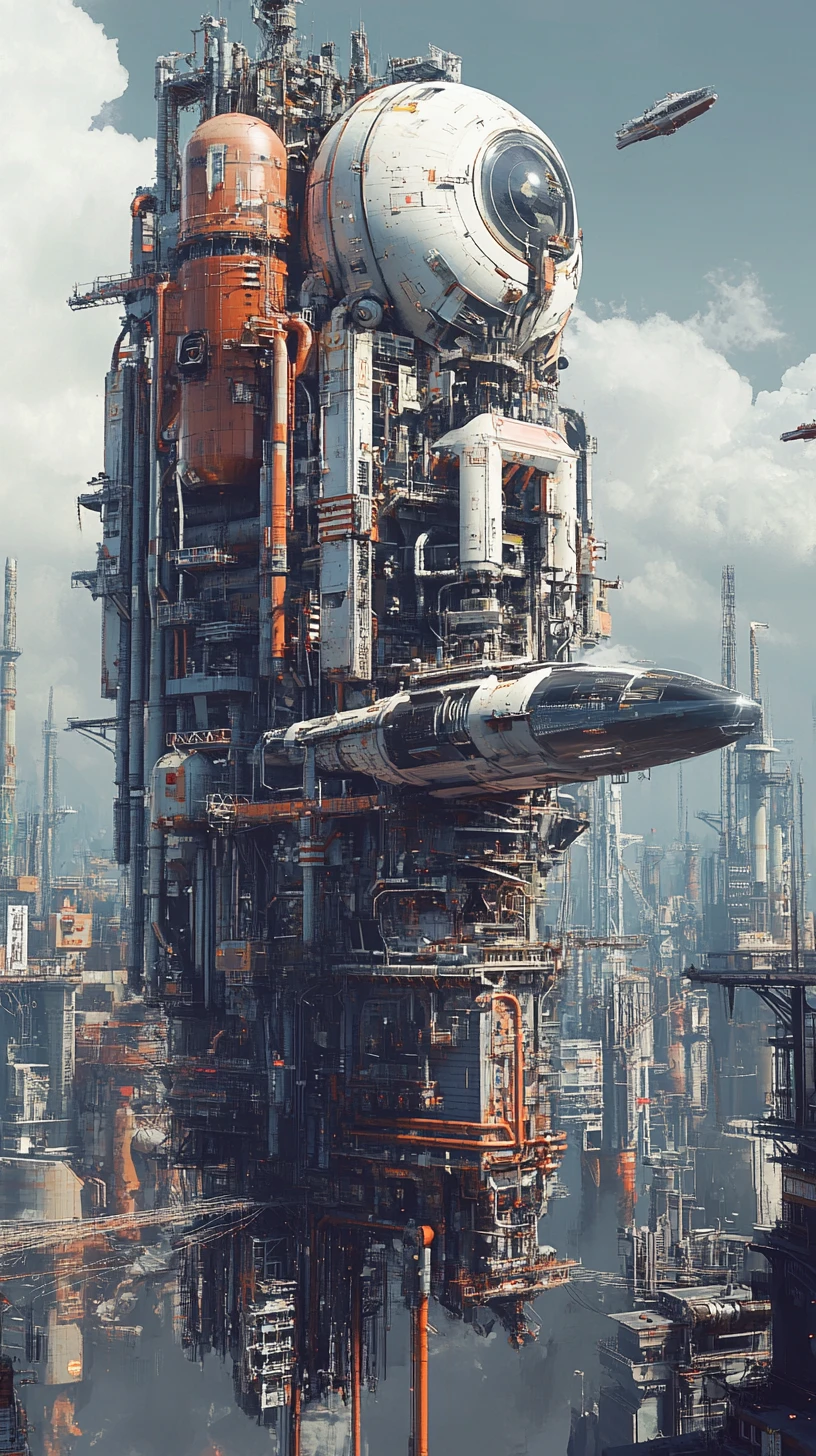 Futuristic industrial cityscape with towering mechanized structures