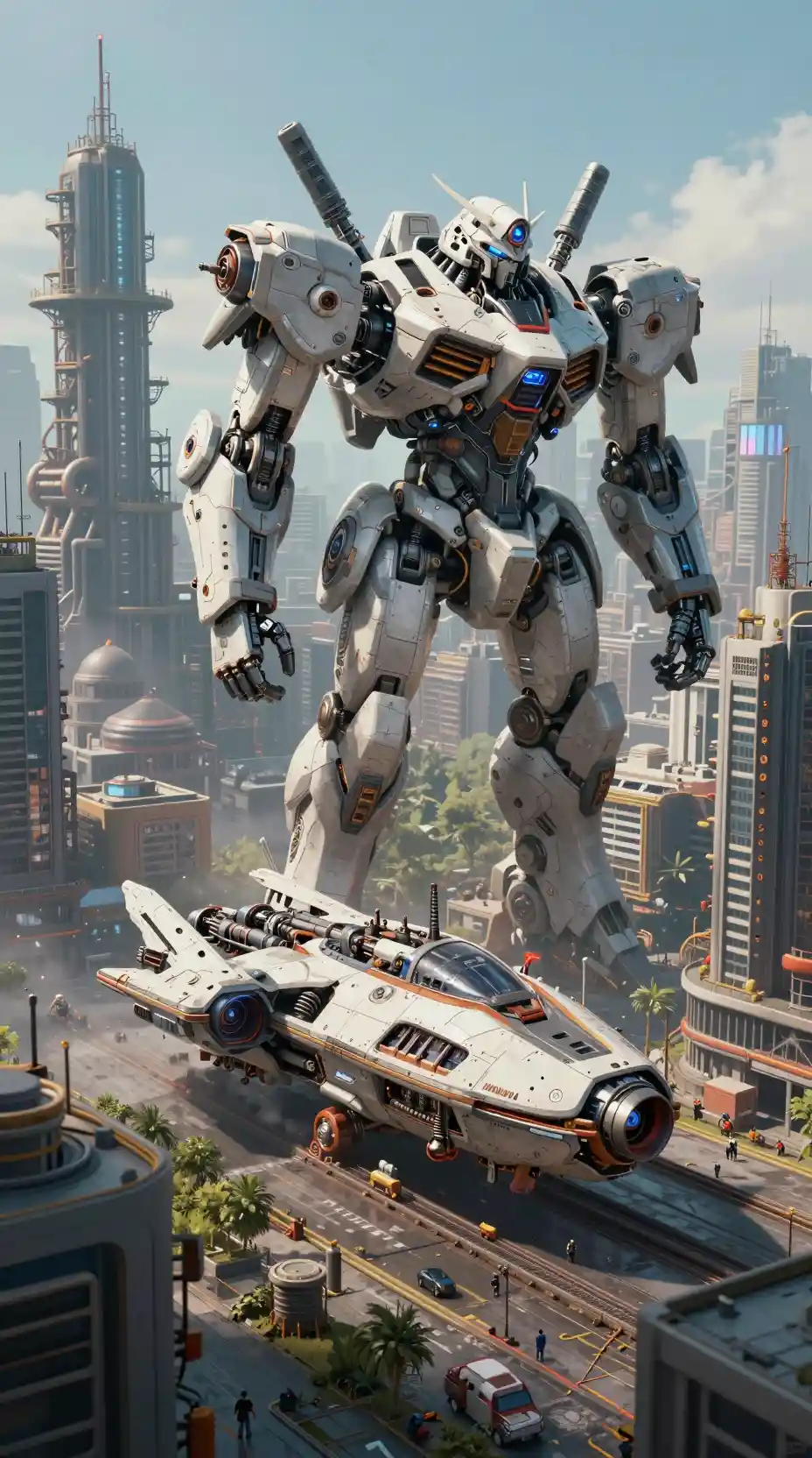 Futuristic mechanized cityscape with small flying spaceship