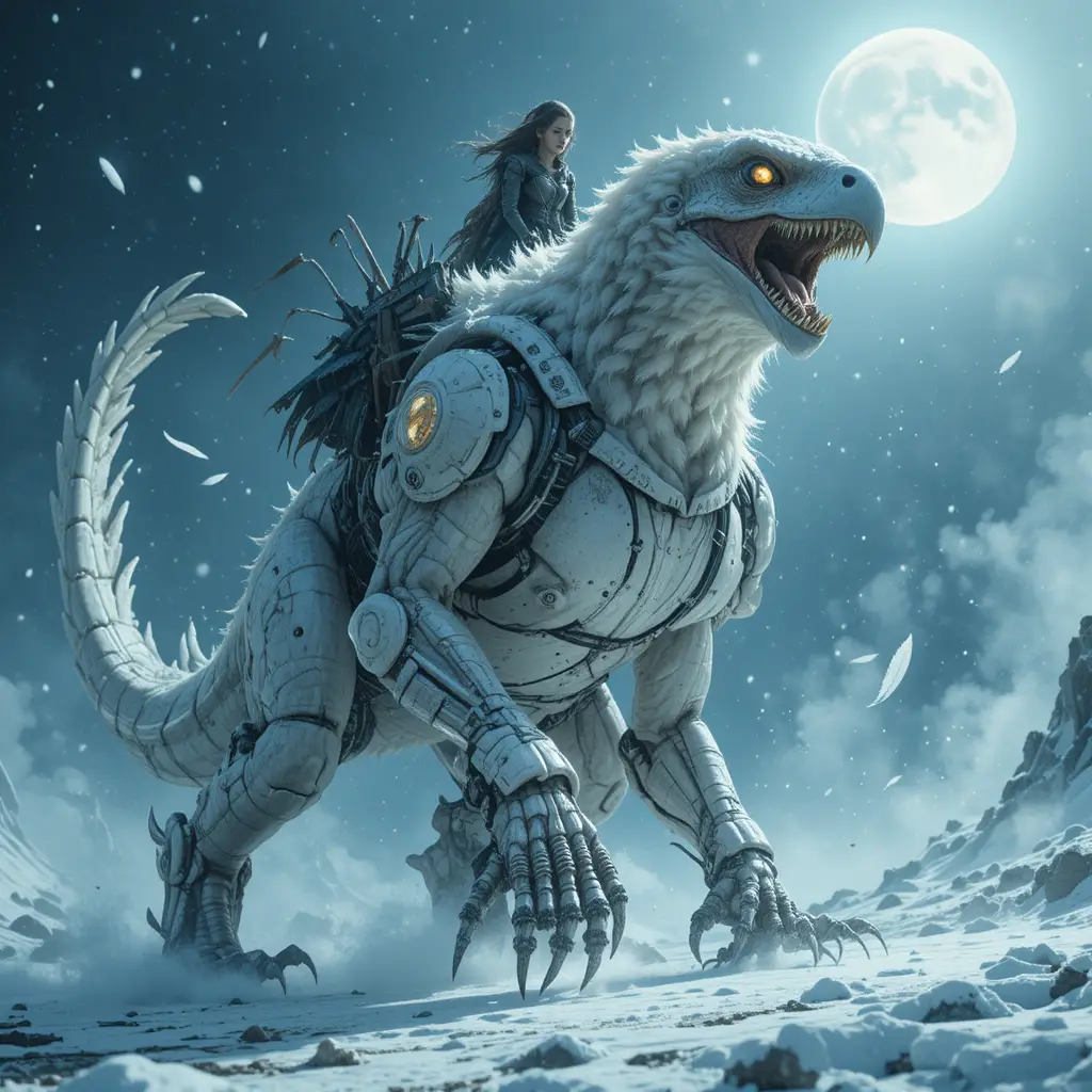 Dinosauro ibrido aquila che si lancia in una tormenta di neve al chiaro di luna