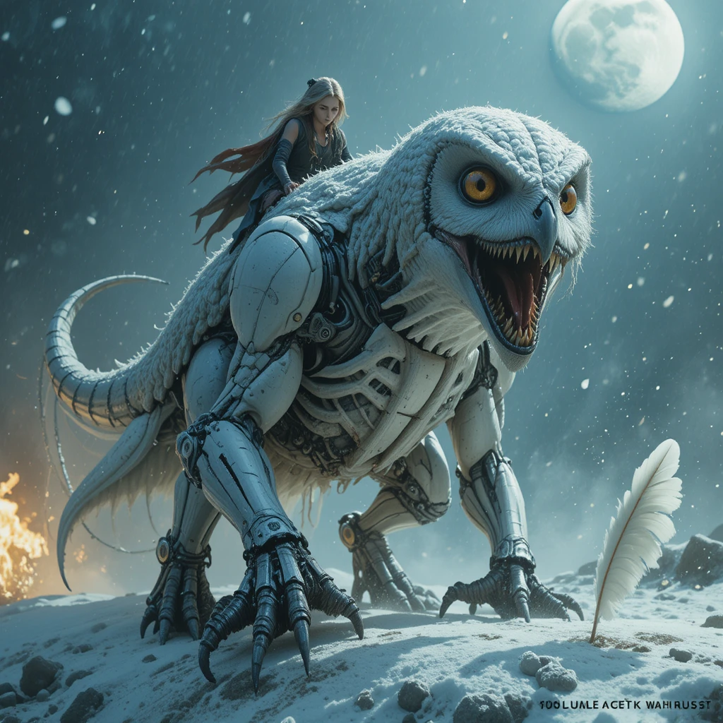 Híbrido de búho y dinosaurio abalanzándose en una tormenta de nieve a la luz de la luna