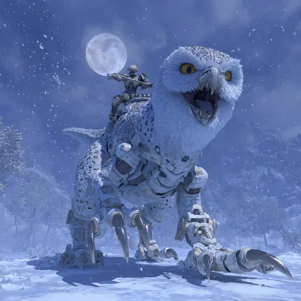 Ibrido tra gufo e dinosauro che si lancia in una bufera di neve al chiaro di luna