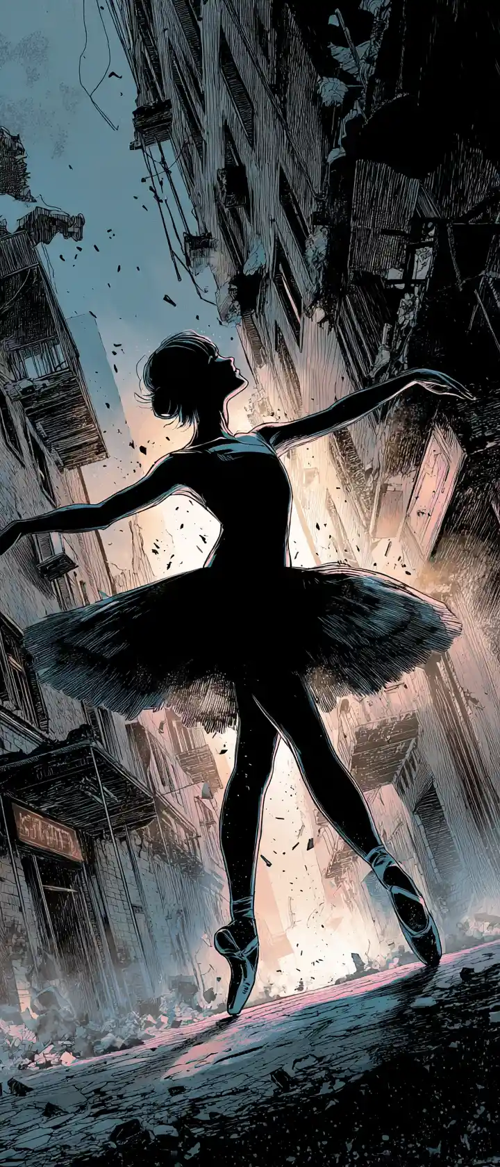 Young ballerina pirouette in a ruined monochrome city