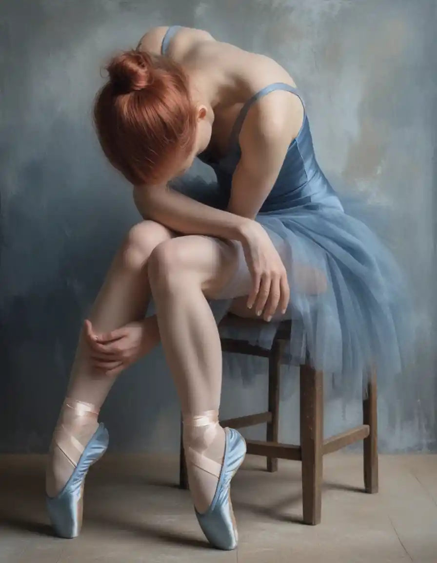 Ballet dancer curled on a wooden chair in moody studio