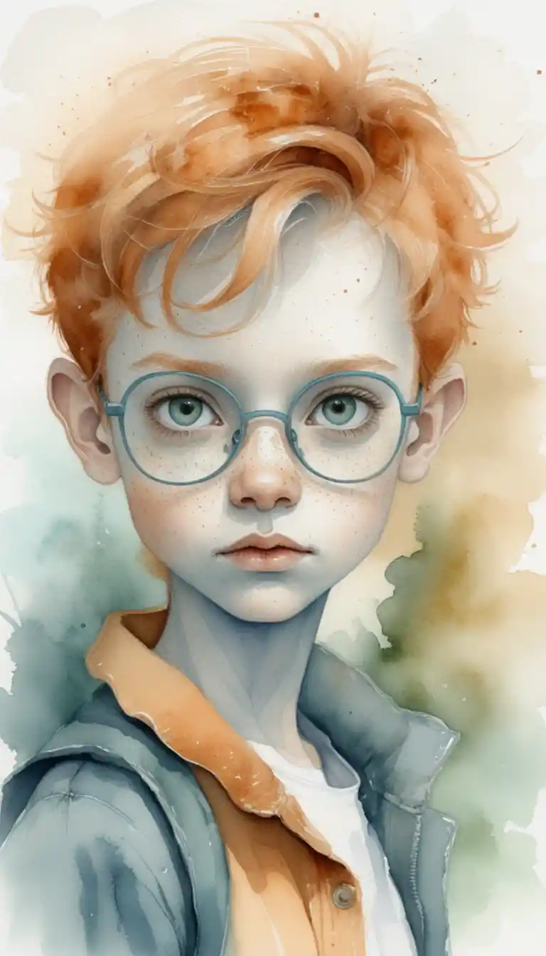 Freckled red haired boy in glasses watercolor portrait