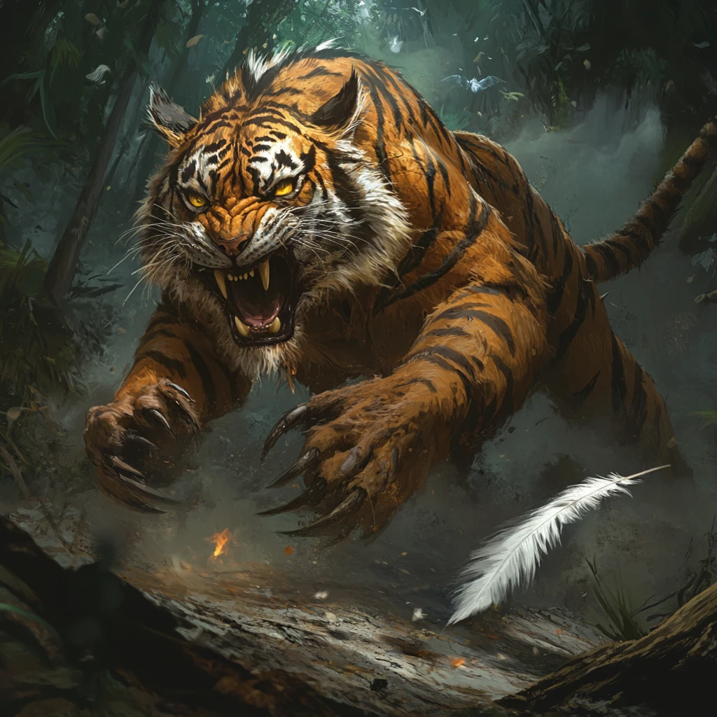 Cyborg tigress huntress lunging through moonlit jungle mist