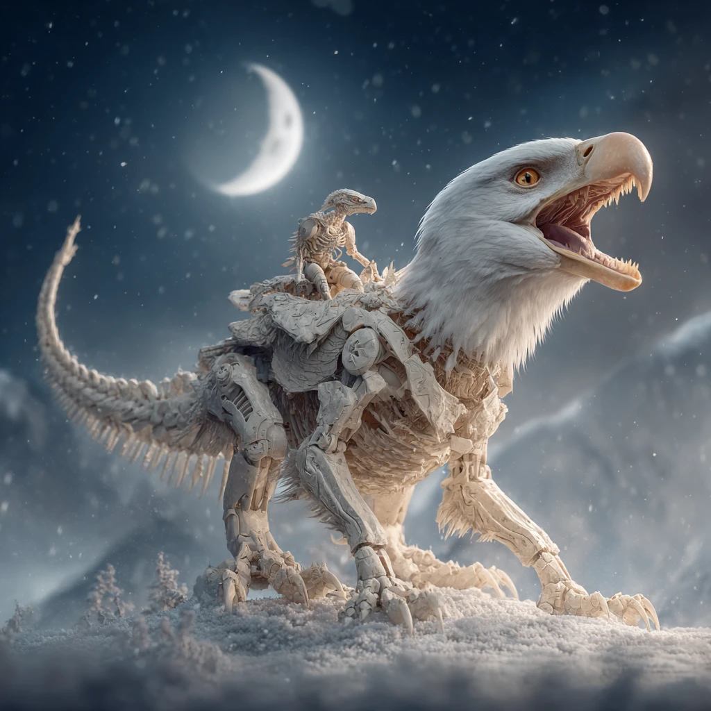 Feroce ibrido tra aquila e dinosauro che si lancia in una bufera di neve