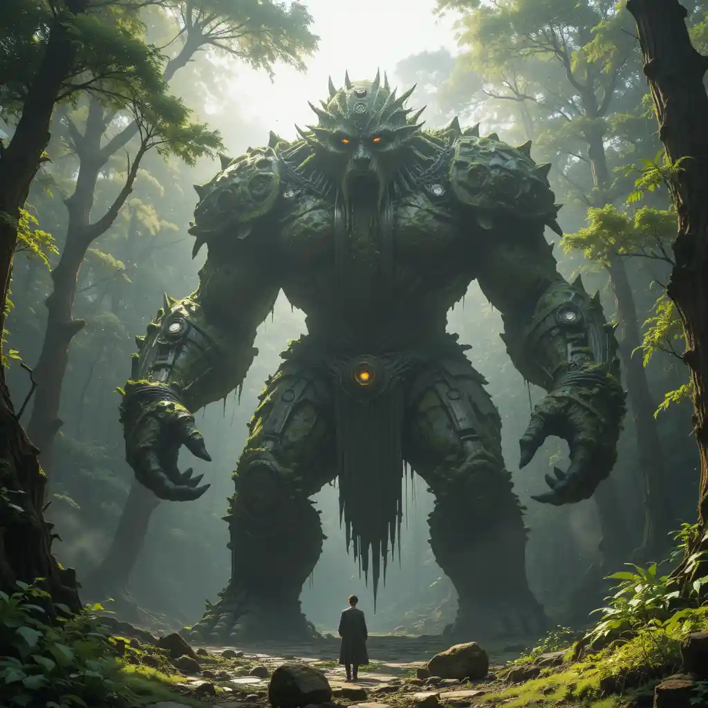 Ancient stone golem awakening in a glowing forest clearing