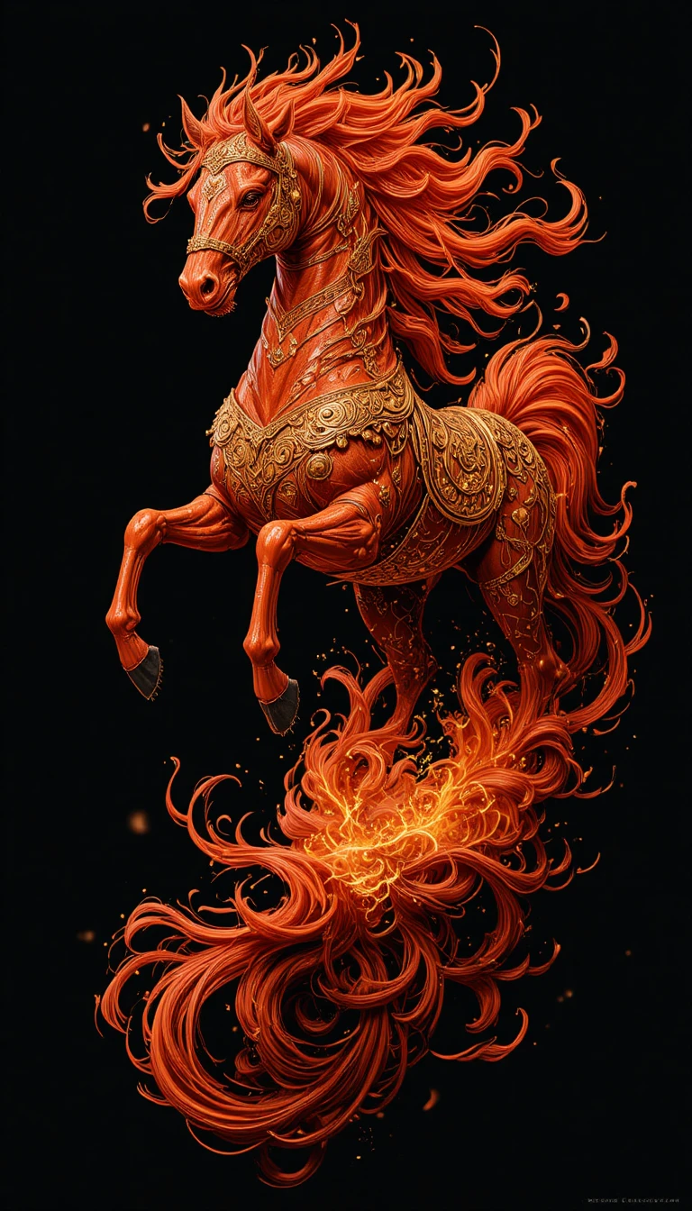 Fiery Red Horse Charging Through Flames On Black Background